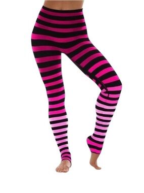 K-DEER YOGA Hot Pink & Black Striped High-Waist Long Leggings MEDIUM